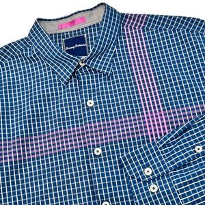 2/$30 Tommy Bahama Mens XL Plaid Long Sleeve Button‎ Down Shirt Blue Pink Cotton